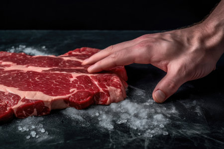 A skilled chef's hand is shown up close, carefully preparing a piece of beef with a knife. The focus is on the chef's precise movements as they slice the meat, creating thin, even cuts. The scene is set in a kitchen with various cooking tools and ingredients in the background.の素材