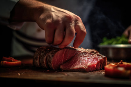 A skilled chef's hand is shown up close, carefully preparing a piece of beef with a knife. The focus is on the chef's precise movements as they slice the meat, creating thin, even cuts. The scene is set in a kitchen with various cooking tools and ingredients in the background.の素材