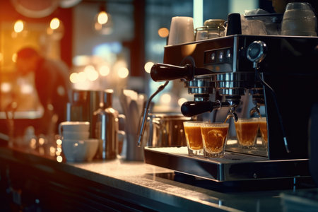 A close-up shot of a woman barista making hot coffee with a machine at the counter bar in a cafe restaurant. The image showcases the art of coffee making and highlights the attention to detail that goes into crafting the perfect cup of coffee. This image is perfect for food and drink service concepts.の素材