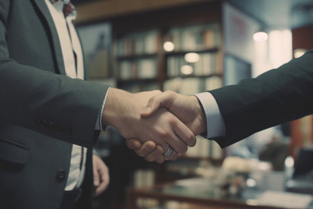 Close-up shot of business professionals shaking hands to conclude a productive meeting. The image depicts the essence of collaboration, agreement, and successful business interactions.の素材