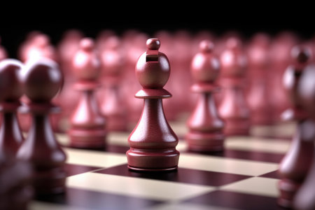 This compelling image captures the essence of leadership and competitive advantage in the game of chess, with a single pawn standing out from the rest. It symbolizes the strategic moves, determination, and unique qualities that lead to success in any competitive endeavor.の素材