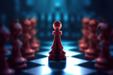 This compelling image captures the essence of leadership and competitive advantage in the game of chess, with a single pawn standing out from the rest. It symbolizes the strategic moves, determination, and unique qualities that lead to success in any competitive endeavor.の素材