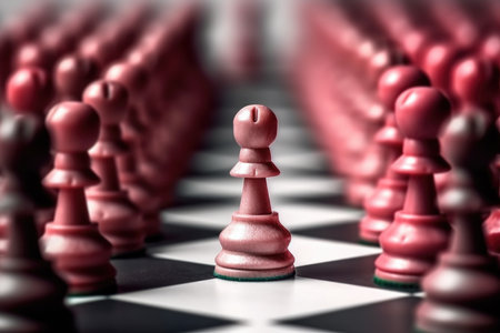 This compelling image captures the essence of leadership and competitive advantage in the game of chess, with a single pawn standing out from the rest. It symbolizes the strategic moves, determination, and unique qualities that lead to success in any competitive endeavor.の素材