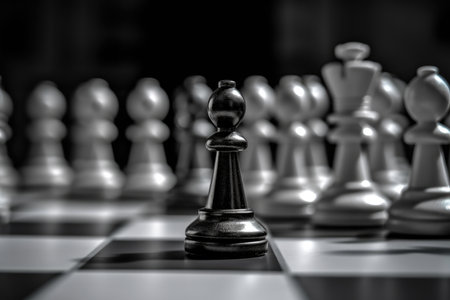 This compelling image captures the essence of leadership and competitive advantage in the game of chess, with a single pawn standing out from the rest. It symbolizes the strategic moves, determination, and unique qualities that lead to success in any competitive endeavor.の素材