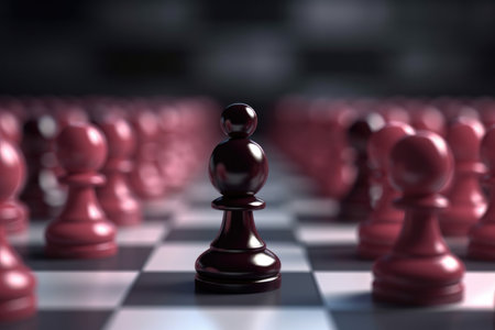 This compelling image captures the essence of leadership and competitive advantage in the game of chess, with a single pawn standing out from the rest. It symbolizes the strategic moves, determination, and unique qualities that lead to success in any competitive endeavor.の素材