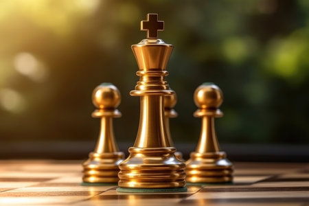 This compelling image captures the essence of leadership and competitive advantage in the game of chess, with a single pawn standing out from the rest. It symbolizes the strategic moves, determination, and unique qualities that lead to success in any competitive endeavor.の素材