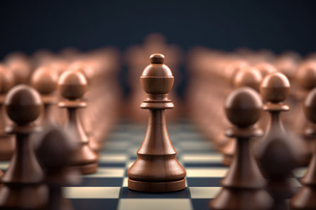 This compelling image captures the essence of leadership and competitive advantage in the game of chess, with a single pawn standing out from the rest. It symbolizes the strategic moves, determination, and unique qualities that lead to success in any competitive endeavor.の素材