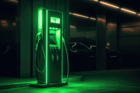This captivating image showcases a futuristic electric car charging station against a dark background. With its neon lighting and sleek design, it represents the advancement of green technology and the transition towards a sustainable future. The image offers ample copy space for customizationの素材