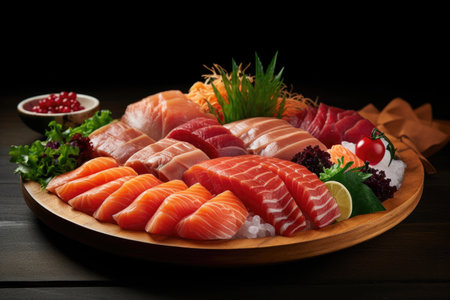 This tantalizing image captures a visually stunning sashimi set featuring a variety of meticulously sliced raw fish beautifully arranged on a bed of glistening ice. The vibrant colors and delicate textures of the fish are complemented by the accompanying wasabi, enhancing the sensory experience.の素材