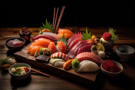 This tantalizing image captures a visually stunning sashimi set featuring a variety of meticulously sliced raw fish beautifully arranged on a bed of glistening ice. The vibrant colors and delicate textures of the fish are complemented by the accompanying wasabi, enhancing the sensory experience.の素材
