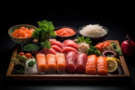This tantalizing image captures a visually stunning sashimi set featuring a variety of meticulously sliced raw fish beautifully arranged on a bed of glistening ice. The vibrant colors and delicate textures of the fish are complemented by the accompanying wasabi, enhancing the sensory experience.の素材