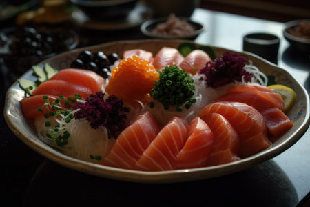 This tantalizing image captures a visually stunning sashimi set featuring a variety of meticulously sliced raw fish beautifully arranged on a bed of glistening ice. The vibrant colors and delicate textures of the fish are complemented by the accompanying wasabi, enhancing the sensory experience.の素材