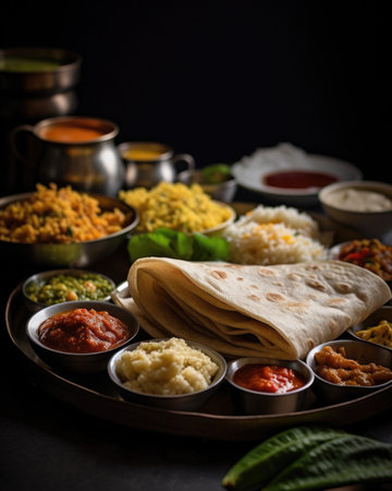 This captivating image showcases a well of South Indian cuisine, a vibrant and diverse culinary tradition known for its rich flavors and unique presentation. The well features a colorful array of South Indian dishes, including dosas, idlis, vadas, sambar, chutneys, and a variety of curries. Each dish is meticulously prepared and exudes the authentic taste of South India. This image captures the essence of South Indian cuisine, inviting viewers to explore the delectable flavors and cultural heritage of the regionの素材