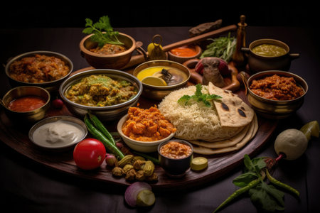 This captivating image showcases a well of South Indian cuisine, a vibrant and diverse culinary tradition known for its rich flavors and unique presentation. The well features a colorful array of South Indian dishes, including dosas, idlis, vadas, sambar, chutneys, and a variety of curries. Each dish is meticulously prepared and exudes the authentic taste of South India. This image captures the essence of South Indian cuisine, inviting viewers to explore the delectable flavors and cultural heritage of the regionの素材