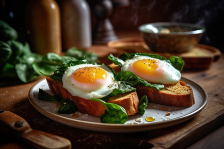 This enticing image captures a delectable breakfast scene featuring eggs on toast with perfectly toasted sourdough bread, adorned with a delightful arrangement of fresh greens. The eggs are cooked to perfection, with the yolk oozing out and blending beautifully with the crispy yet fluffy texture of the bread. The dish is beautifully garnished with vibrant greens, adding a touch of freshness and visual appeal. This mouthwatering breakfast photo is sure to inspire cravings and elevate any food-related project.の素材