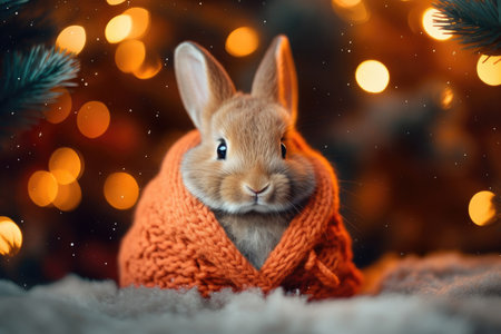 This enchanting image captures the adorable sight of a cute little rabbit dressed in cozy knitted warm clothes, set against the backdrop of a beautifully decorated Christmas tree. The rabbit's sweet expression and snug attire evoke feelings of warmth and holiday cheer. The vibrant colors and festive atmosphere of the Christmas tree create a captivating background, adding to the overall charm of the composition. Perfect for holiday-themed projects and animal lovers, this photograph embodies the spirit of winter comfort and joyful celebrationsの素材