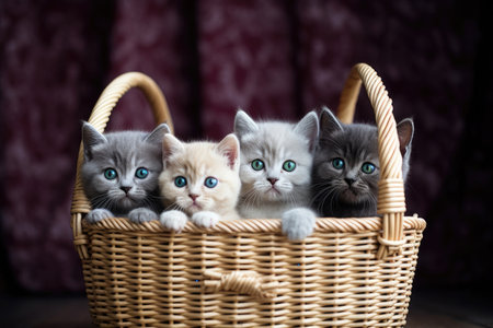 This delightful image captures a group of five British Shorthair kittens of various colors, peacefully resting inside a cozy pet carrier basket. Their fluffy fur and innocent expressions add to their irresistible charm. Curiously, they peer out from the carrier, showcasing their playful and inquisitive nature. Perfect for cat lovers and pet-themed projects, this photograph showcases the adorable bond and delightful personalities of these furry companionsの素材