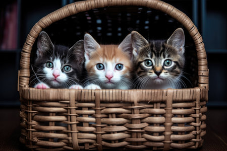 This delightful image captures a group of five British Shorthair kittens of various colors, peacefully resting inside a cozy pet carrier basket. Their fluffy fur and innocent expressions add to their irresistible charm. Curiously, they peer out from the carrier, showcasing their playful and inquisitive nature. Perfect for cat lovers and pet-themed projects, this photograph showcases the adorable bond and delightful personalities of these furry companionsの素材