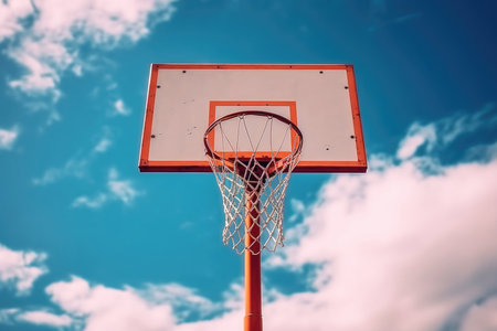 This striking image captures the essence of basketball as a sport that soars to new heights. Against a backdrop of vibrant blue sky, a basketball hoop stands tall, symbolizing competition, athleticism, and the pursuit of excellence. The simplicity of the scene accentuates the focus on the hoop, inviting viewers to imagine the excitement and exhilaration of playing the game. Perfect for sports-themed projects and enthusiasts, this photograph embodies the spirit of basketball and the joy of shooting hoops under the open sky.の素材