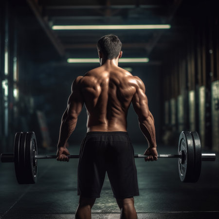 Witness the embodiment of sculpted strength as a young fitness man, with an enviable abs type of body, performs exercises with a barbell. The back view showcases his dedication and determination, highlighting the muscular definition and power of his physique. Set against the backdrop of a gym, the image exudes an atmosphere of motivation and focus. Perfect for fitness enthusiasts and workout-themed projects, this photograph captures the essence of physical fitness, showcasing the hard work and discipline required to achieve a strong and toned body.の素材