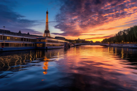 Immerse yourself in the iconic beauty of Paris with this captivating image of the Seine River flowing gracefully, framed by the magnificent Eiffel Tower. The serene waters of the Seine mirror the allure of the city, reflecting its timeless charm and romantic ambiance. The Eiffel Tower, standing tall and majestic, serves as a symbol of Paris and its rich history. Perfect for travel enthusiasts and cityscape projects, this photograph showcases the enchanting blend of architecture, nature, and the spirit of Paris.の素材