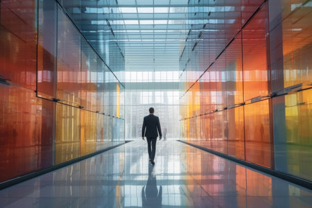 Enter a world of dynamic corporate ambience with this captivating image of a businessman confidently striding through the open space interior of an abstract glass building. The modern architectural design, characterized by sleek lines and transparent surfaces, creates a visually stunning environment. The businessman's purposeful walk symbolizes determination and ambition within the professional realm. This photograph captures the essence of a contemporary workplace, fostering creativity and collaboration. Perfect for business-related projects and concepts, it invites viewers to embrace innovation and the spirit of corporate successの素材