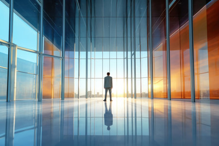 Enter a world of dynamic corporate ambience with this captivating image of a businessman confidently striding through the open space interior of an abstract glass building. The modern architectural design, characterized by sleek lines and transparent surfaces, creates a visually stunning environment. The businessman's purposeful walk symbolizes determination and ambition within the professional realm. This photograph captures the essence of a contemporary workplace, fostering creativity and collaboration. Perfect for business-related projects and concepts, it invites viewers to embrace innovation and the spirit of corporate successの素材