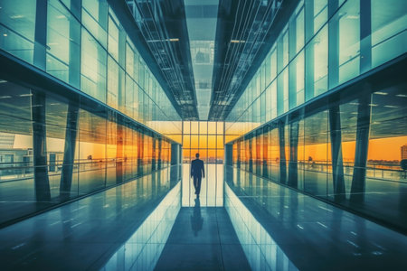 Enter a world of dynamic corporate ambience with this captivating image of a businessman confidently striding through the open space interior of an abstract glass building. The modern architectural design, characterized by sleek lines and transparent surfaces, creates a visually stunning environment. The businessman's purposeful walk symbolizes determination and ambition within the professional realm. This photograph captures the essence of a contemporary workplace, fostering creativity and collaboration. Perfect for business-related projects and concepts, it invites viewers to embrace innovation and the spirit of corporate successの素材