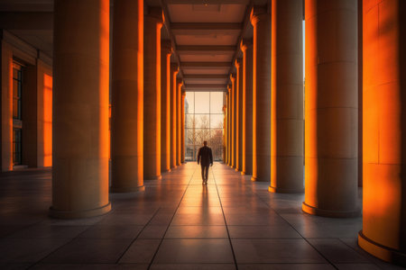 Witness the allure of a sunset-lit business hall adorned with majestic columns as a confident businessman strides through. The warm hues of the setting sun cast a mesmerizing glow, creating a captivating atmosphere of success and ambition. Capture the essence of corporate elegance and professional determination with this remarkable image.の素材