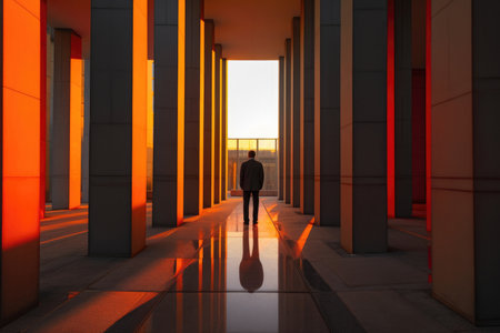 Witness the allure of a sunset-lit business hall adorned with majestic columns as a confident businessman strides through. The warm hues of the setting sun cast a mesmerizing glow, creating a captivating atmosphere of success and ambition. Capture the essence of corporate elegance and professional determination with this remarkable image.の素材