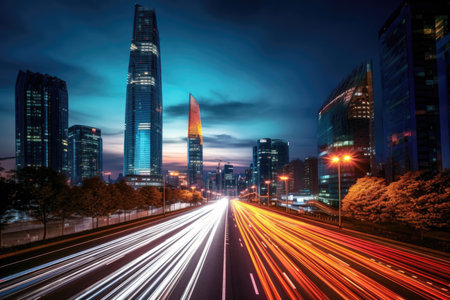 Explore the dynamic cityscape of Korea's Central Business District in this captivating long exposure image. The towering skyscrapers, including the iconic IFC building, create a striking backdrop as streams of light trail from passing cars and buses, symbolizing the bustling transportation network. Immerse yourself in the transport and energy industrial concept as you witness the harmonious blend of urban architecture and vibrant city lifeの素材