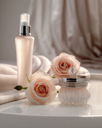 Immerse yourself in the world of indulgent skincare with this stunning image showcasing a set of luxurious skincare products on a pristine white background. A delicate rose takes center stage in the foreground, adding a touch of elegance and natural beauty. With meticulous attention to detail and a focus on premium beauty products, this image captures the essence of luxury, self-care, and the rejuvenating power of skincare rituals. Perfect for beauty campaigns, product promotions, and design projects, this image exudes sophistication and allure.の素材