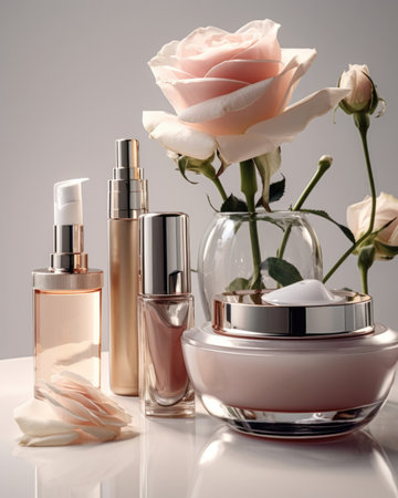 Immerse yourself in the world of indulgent skincare with this stunning image showcasing a set of luxurious skincare products on a pristine white background. A delicate rose takes center stage in the foreground, adding a touch of elegance and natural beauty. With meticulous attention to detail and a focus on premium beauty products, this image captures the essence of luxury, self-care, and the rejuvenating power of skincare rituals. Perfect for beauty campaigns, product promotions, and design projects, this image exudes sophistication and allure.の素材
