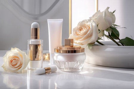 Immerse yourself in the world of indulgent skincare with this stunning image showcasing a set of luxurious skincare products on a pristine white background. A delicate rose takes center stage in the foreground, adding a touch of elegance and natural beauty. With meticulous attention to detail and a focus on premium beauty products, this image captures the essence of luxury, self-care, and the rejuvenating power of skincare rituals. Perfect for beauty campaigns, product promotions, and design projects, this image exudes sophistication and allure.の素材