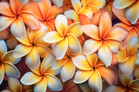 Immerse yourself in the beauty of nature with this captivating image showcasing an abstract, soft, and sweet orange flower background composed of Plumeria Frangipani flowers. The delicate petals of these tropical blossoms create a mesmerizing composition, evoking a sense of tranquility and serenity. Perfect for various design projects, this image captures the essence of floral elegance, natural beauty, and the vibrant colors of the Plumeria Frangipani flowers.の素材