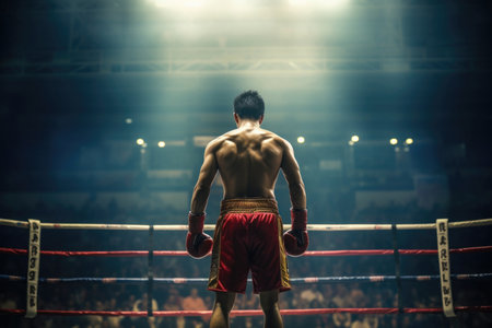 Experience the electrifying world of Korean boxing with this captivating image featuring a skilled boxer wearing red gloves on a stage background. The back view perspective adds a sense of anticipation and intensity, as the boxer prepares for a thrilling match. The image embodies the spirit of determination, discipline, and athletic prowess. Perfect for sports-related designs, martial arts concepts, and capturing the energy of competitive sportsの素材