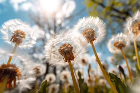 Embrace the beauty and freshness of spring with this captivating image featuring a vibrant background adorned with delicate white dandelions. The soft colors and gentle movement of the dandelion seeds floating in the air evoke a sense of renewal and the enchantment of the season. This image is perfect for spring-themed designs, nature-inspired projects, and capturing the essence of new beginningsの素材