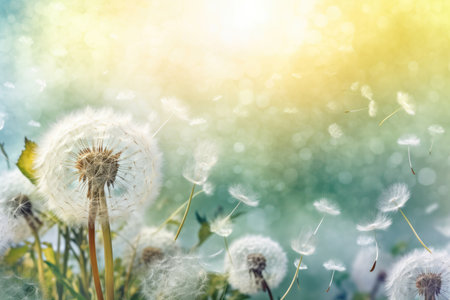 Embrace the beauty and freshness of spring with this captivating image featuring a vibrant background adorned with delicate white dandelions. The soft colors and gentle movement of the dandelion seeds floating in the air evoke a sense of renewal and the enchantment of the season. This image is perfect for spring-themed designs, nature-inspired projects, and capturing the essence of new beginningsの素材