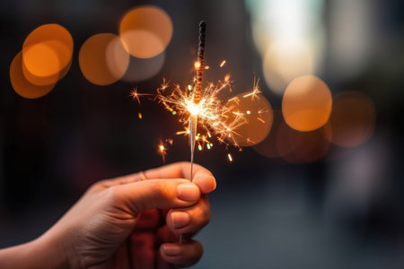 This enchanting image captures the essence of New Year's celebration, with a woman's hand delicately holding a sparkler. The mesmerizing glow of the sparkler creates a magical ambiance, while the blurred background adds a sense of excitement and festivity. The image perfectly encapsulates the joy and anticipation that comes with ringing in the New Year. Ideal for conveying the spirit of celebration and creating a captivating visual experience.の素材