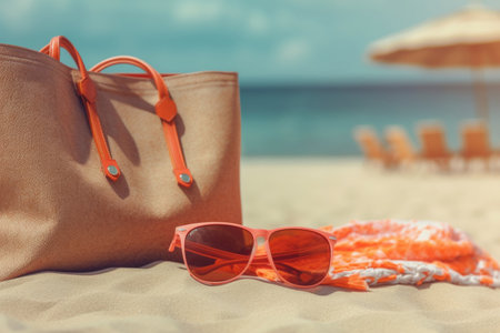 Embrace the summer vibes with this captivating image showcasing a beach bag filled with essential items on a sandy beach. The vibrant towel, stylish sunglasses, and delicate coral create a perfect summer ensemble. The scene invites viewers to imagine a relaxing day under the sun, enjoying the beach and its natural beauty. This image is ideal for projects related to travel, vacation, lifestyle, and the joys of summer.の素材