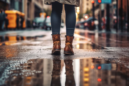 This captivating image captures the essence of a rainy day in the city as a woman walks through puddles. The composition highlights the movement of her legs, creating a dynamic scene amidst the rain-soaked urban environment. The blurred background emphasizes the downpour, adding a sense of depth and atmosphere. This photo is perfect for conveying the beauty and energy of city life during inclement weather.の素材