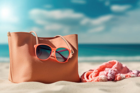 Embrace the summer vibes with this captivating image showcasing a beach bag filled with essential items on a sandy beach. The vibrant towel, stylish sunglasses, and delicate coral create a perfect summer ensemble. The scene invites viewers to imagine a relaxing day under the sun, enjoying the beach and its natural beauty. This image is ideal for projects related to travel, vacation, lifestyle, and the joys of summer.の素材