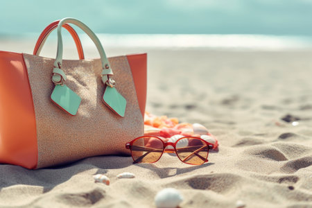 Embrace the summer vibes with this captivating image showcasing a beach bag filled with essential items on a sandy beach. The vibrant towel, stylish sunglasses, and delicate coral create a perfect summer ensemble. The scene invites viewers to imagine a relaxing day under the sun, enjoying the beach and its natural beauty. This image is ideal for projects related to travel, vacation, lifestyle, and the joys of summer.の素材