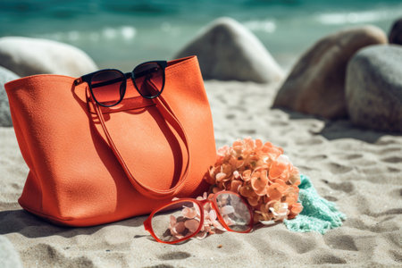 Embrace the summer vibes with this captivating image showcasing a beach bag filled with essential items on a sandy beach. The vibrant towel, stylish sunglasses, and delicate coral create a perfect summer ensemble. The scene invites viewers to imagine a relaxing day under the sun, enjoying the beach and its natural beauty. This image is ideal for projects related to travel, vacation, lifestyle, and the joys of summer.の素材