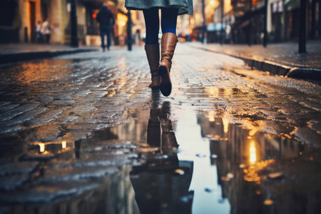 This captivating image captures the essence of a rainy day in the city as a woman walks through puddles. The composition highlights the movement of her legs, creating a dynamic scene amidst the rain-soaked urban environment. The blurred background emphasizes the downpour, adding a sense of depth and atmosphere. This photo is perfect for conveying the beauty and energy of city life during inclement weather.の素材