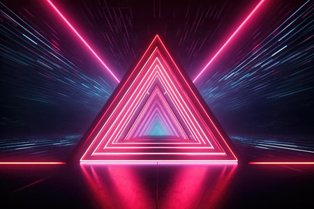 Immerse yourself in the mesmerizing world of this 3D render featuring an abstract geometric neon background. A glowing triangular frame takes center stage, captivating viewers with its vibrant colors and sharp lines. The composition evokes a sense of depth and mystery, as if peering through a dark tunnel with a laser linear shape at the end. This image showcases the fusion of geometry and neon aesthetics, perfect for projects that seek to convey innovation, futurism, and a touch of enigma.の素材