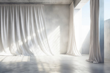 This stunning image captures the ethereal beauty of sunlight as it gracefully filters through flowing white sheer linen curtains, adorning an open window. The curtains create a mesmerizing play of light and shadow against a blank white concrete wall, while the polished cement floor adds a sleek and modern touch to the interior design. The composition exudes a sense of tranquility and serenity, with the soft air flow ventilation further enhancing the atmosphere. Let this captivating image inspire your interior design projects with its beautiful interplay of light, texture, and elegance.の素材