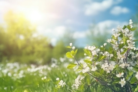 Immerse yourself in the serenity of spring with this captivating image showcasing a beautiful blurred background of nature. The blooming glade, adorned with vibrant flowers and lush greenery, sets the scene for a tranquil ambiance. The backdrop features tall trees and a clear blue sky on a sunny day, creating a sense of harmony and rejuvenation. This image encapsulates the beauty and freshness of spring, perfect for projects related to nature, wellness, mindfulness, and seasonal themes.の素材
