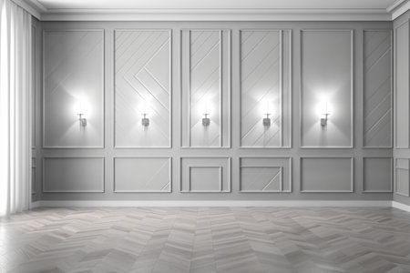 Create a sophisticated backdrop for your presentations with this image featuring a light gray wall adorned with decorative panels and complemented by wood flooring. The interesting light reflections add a touch of intrigue and visual appeal to the composition. This elegant interior provides a versatile background for presentations, conveying a sense of professionalism and style. Perfect for showcasing products, designs, or ideas in a polished and refined settingの素材