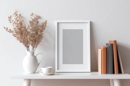Create an atmosphere of simplicity and productivity with this captivating image showcasing a minimalist workspace. From an elevated perspective, the composition features a cup of coffee, neatly arranged books, and an empty vertical picture frame mockup on a wooden desk. A vase with silver eucalyptus tree branches adds a touch of nature to the scene. This side view provides a glimpse into a serene home office with Scandinavian interior design. Perfect for projects related to workspace organization, mockup presentations, home office aesthetics, and minimalistic design.の素材